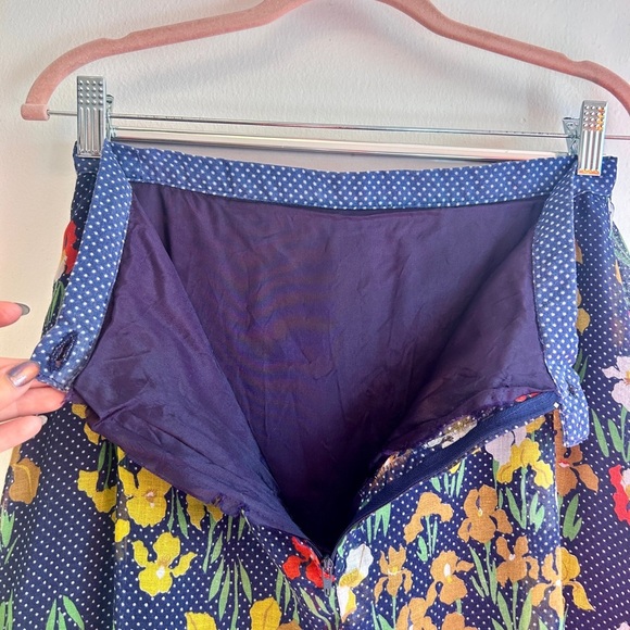 Vintage 1970s Navy Floral Maxi Skirt Cotton Blend A-Line Boho Cottagecore Skirt - Picture 3 of 9